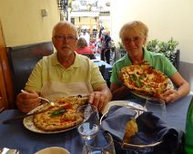 Joyce and Kenn enjoying their first pizza in Italy. This was lunch in Sorrento. Joyce and Kenn enjoying their first pizza in Italy. This was lunch in Sorrento.