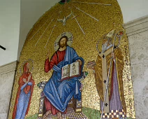 Mosaic of Christ, Mary and St. Benedict at the Abbey of Monte Cassino. Mosaic of Christ, Mary and St. Benedict at the Abbey of Monte Cassino.