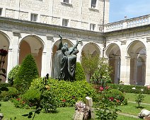 A statue of St. Benedict at the abbey. The town, Monte Cassino, formerly Roman town of Casinum, is best known for its historic abbey. St. Benedict of Nursia established his first monastery, the source of the Benedictine Order, here around 529. The hilltop sanctuary was also the site of the Battle of Monte Cassino in 1944, where the building was destroyed by Allied bombing and rebuilt after the war. A statue of St. Benedict at the abbey. The town, Monte Cassino, formerly Roman town of Casinum, is best known for its historic abbey. St. Benedict of Nursia...