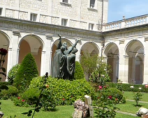 A statue of St. Benedict at the abbey. The town, Monte Cassino, formerly Roman town of Casinum, is best known for its historic abbey. St. Benedict of Nursia established his first monastery, the source of the Benedictine Order, here around 529. The hilltop sanctuary was also the site of the Battle of Monte Cassino in 1944, where the building was destroyed by Allied bombing and rebuilt after the war. A statue of St. Benedict at the abbey. The town, Monte Cassino, formerly Roman town of Casinum, is best known for its historic abbey. St. Benedict of Nursia...