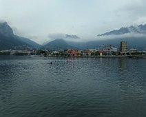 Looking across Lake Como toward Lecco from our hotel, Looking across Lake Como toward Lecco from our hotel, Griso Hotel. It was gloomy weather for our week.