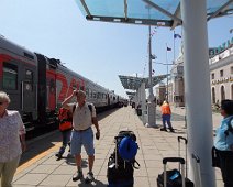 C007_TransSiber Joyce and Jerry at the UlaanBaatar station trying to figure out where our car is?? This is the "transMongolian Express" running from Beijing to Ulaan Ude in...