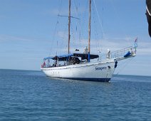 BFiji003 Seaspray, the sailing party boat that took us sightseeing and snorkeling off the west coast of Fiji. Fancy sail boat, but they never dropped the sails.