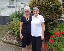 C020_SylvMaureen Sylvia and Maureen outside Maureen's home in Pokeno. She is a kiwi farmer. Maureen is Aunty Mary's oldest daughter and is the same age as Sylvia.