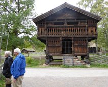 D03_O_FolkMuseum Joyce and Kenn looking at one of over 160 historic buildings at the Norwegian Folk Museum in Oslo.