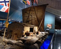 D03_Q_KonTiki The original Kon-Tiki raft in the Kon-Tiki Museum in Oslo. Legendary explorer Thor Heyerdal's made a 4,300-mile crossing of the Pacific on a balsawood raft, the...