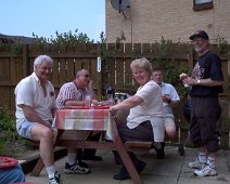 Chelt_Gang_in_Harrogate Friends, from left, Ivan, John, Dorothy, me and Dave, in our garden at our wedding picnic - May 00.