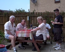 Chelt_Gang_in_Harrogate Friends, from left, Ivan, John, Dorothy, me and Dave, in our garden at our wedding picnic - May 00.